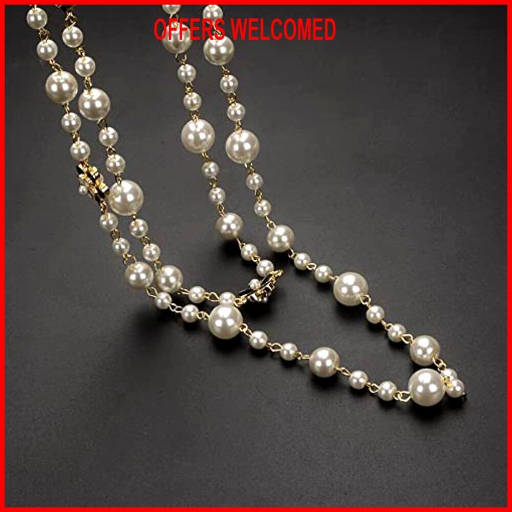 Long Layered Imitation Pearl Necklace with Clover Flower Charm, Adjustable - Picture 5 of 6